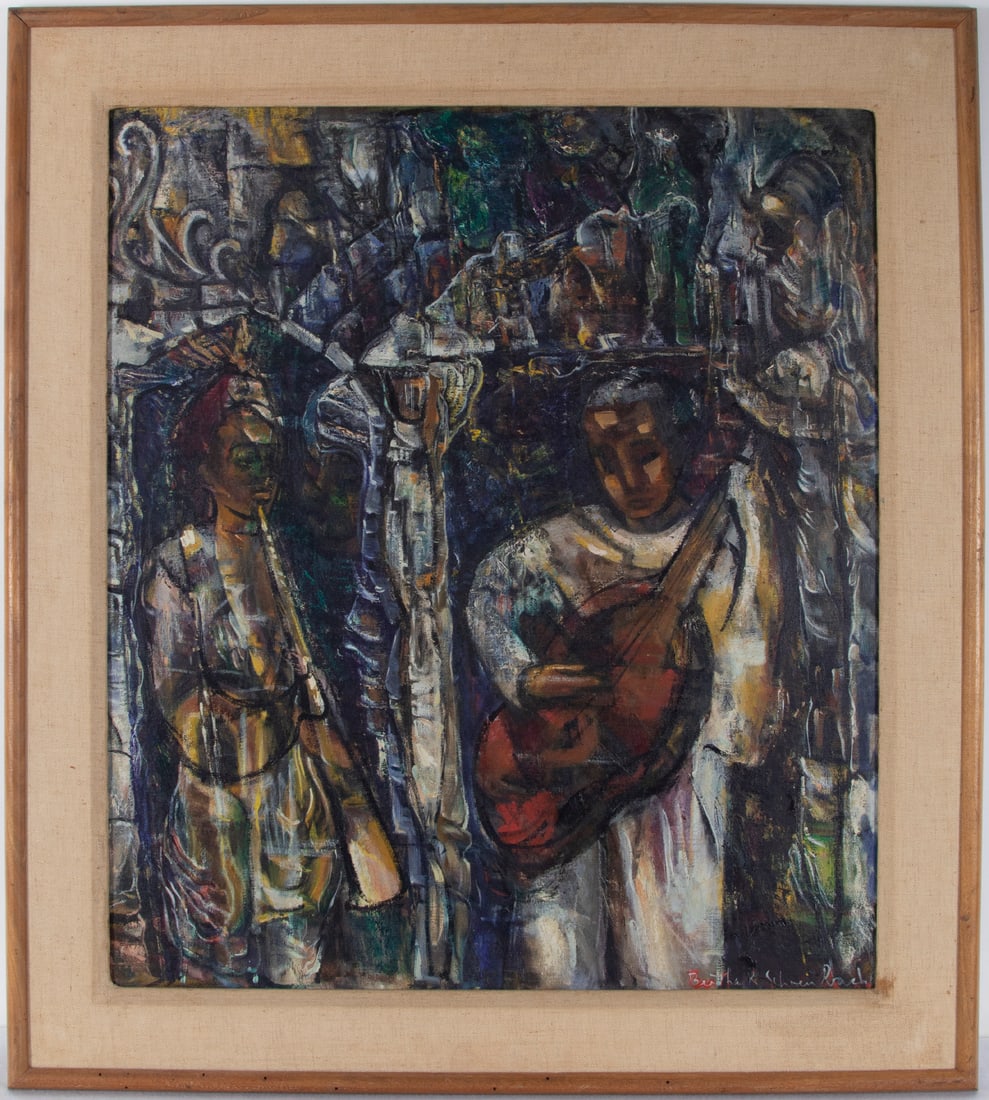 Bertha Schoenbach (1908-1998) American: MUSICIANS, oil painting on canvas, mounted to Masonite, signed lower right, 32 x 28”, frame 38 ½ x 34 ½”.