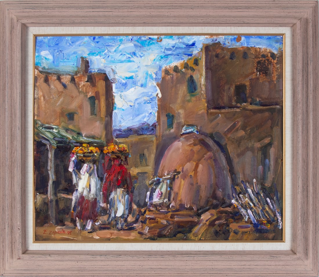 Ernesto Zepeda (1943-2017) Honduran: TAOS MYSTICAL, 1995, oil painting on canvas board, signed and dated lower left, signed and titled on verso, 20 x 24”, frame 27 x 31”.