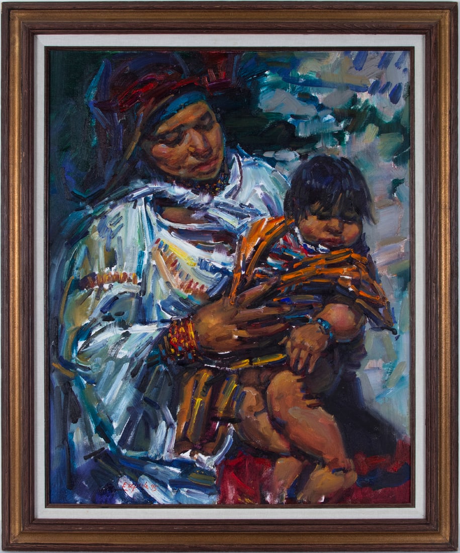 Ernesto Zepeda (1943-2017) Honduran: MOTHER & CHILD, 1995, oil painting on canvas board, signed and dated lower left, signed and titled and dated on verso, 30 x 24”, frame 35 ¾ x 29 ¾”.