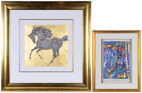 Guillaume Azoulay (b. 1949) Moroccan & Raphael Abecassis (b. 1953) Moroccan Israeli) (two): SHADOW DANCER (Horse), color screenprint with gold leaf foil, signed and numbered 38/50 in pencil, image 14 ¾ x 15 ½”, full margins, frame 32 ½ x 32 ¼” with ple