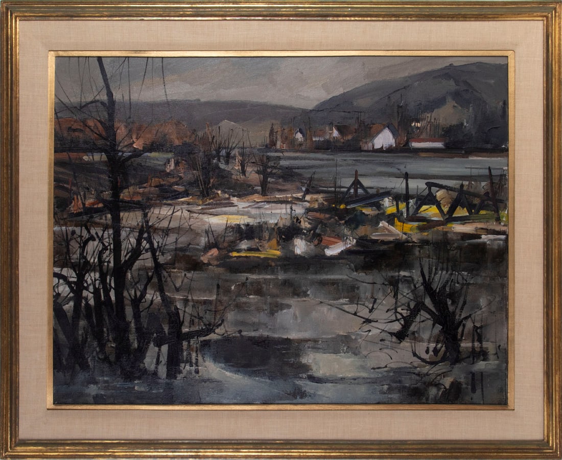 Yasu Eguchi (b. 1938) Japanese: FLOOD PASSING, 1960?, oil painting on canvas, signed and dated lower right, 30 x 40”, frame 39 ¼ x 49”. Provenance: Austin Gallery, Santa Barbara, CA. label on verso.