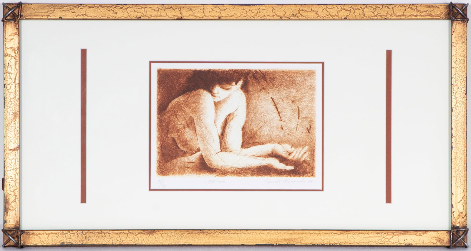 Tomas Hrivnac (b. 1959) Czech: DOCTENO (Nude Woman at a Table), 2006, color etching, signed and number 27/40 in pencil, plate 5 ¾ x 8 ½”, full margins, welded metal frame 13 x 25” with glass.