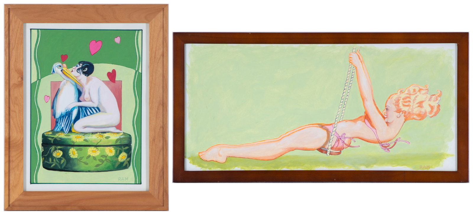 Ralph Massey (b. 1938) California (two): IF A PELICAN (George Petty girl); SWINGING SINGLE, two gouaches on paper, each initialed lower right, Pelican image 10 ¾ x 7 ¾”, with full margins, frame 14 ¼ x 11 ¼&
