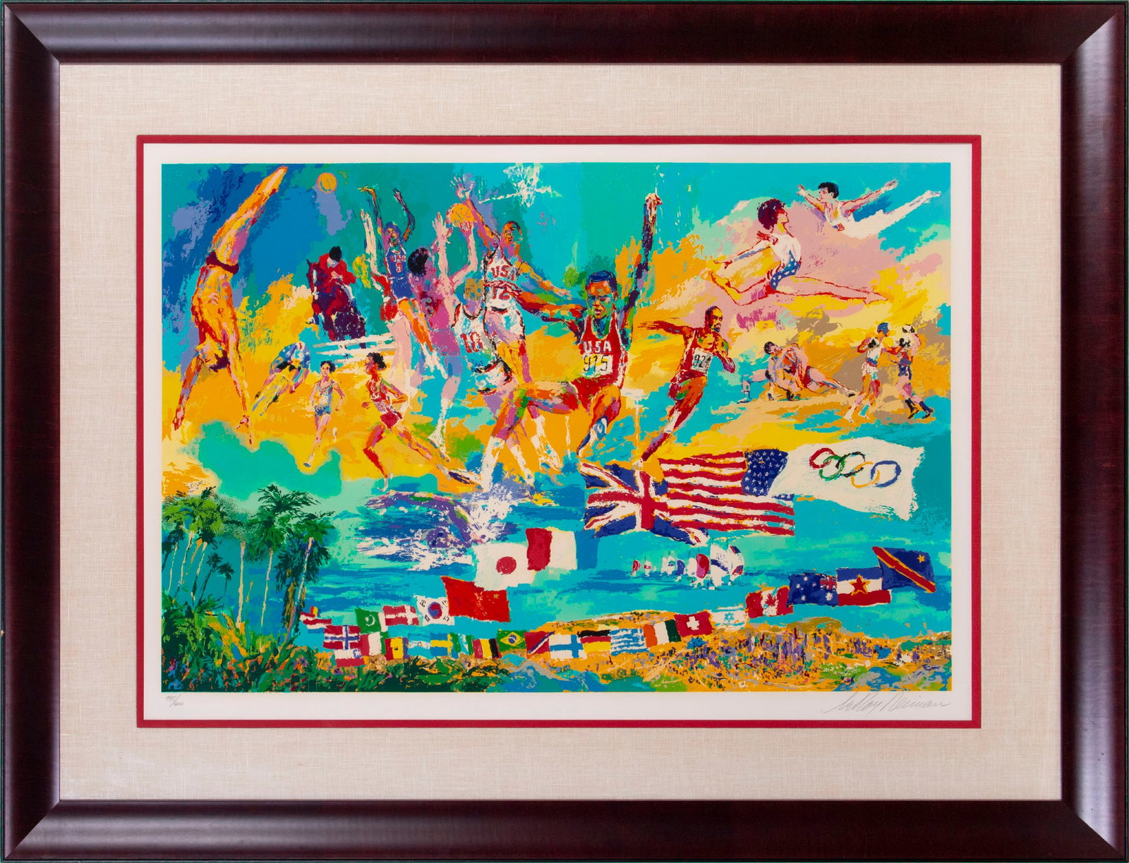 LeRoy Neiman (1921-2012) American: AMERICAN GOLD (Knoedler II 42), 1984, Closing Olympic Ceremonies Los Angeles, color screenprint, signed and numbered 495/600, published by Knoedler, image 28 x 42 ½”, full margins, frame 