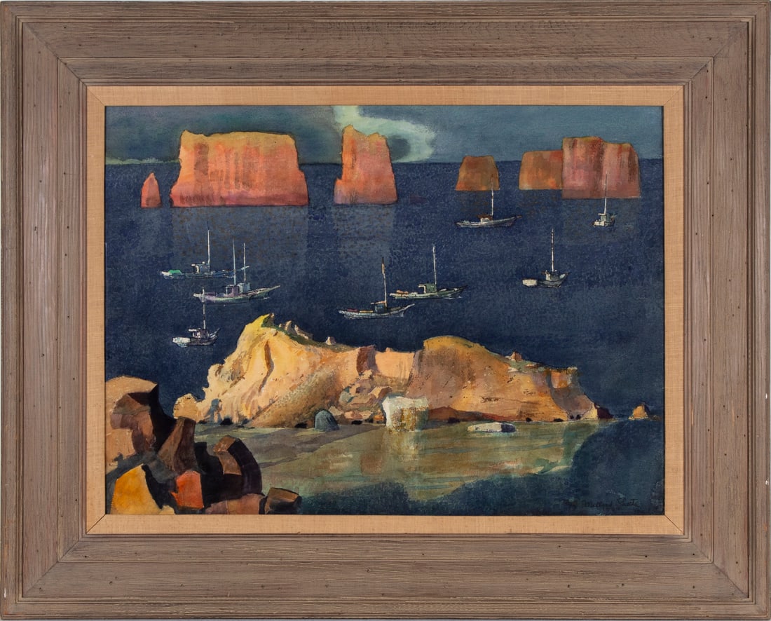 Millard Sheets (1907-1989) California: BOATS WITH ROCK FORMATIONS, watercolor on paper, signed and dated lower right, 22 x 30”, frame 32 ¼ x 40 ¼” with plexiglass.