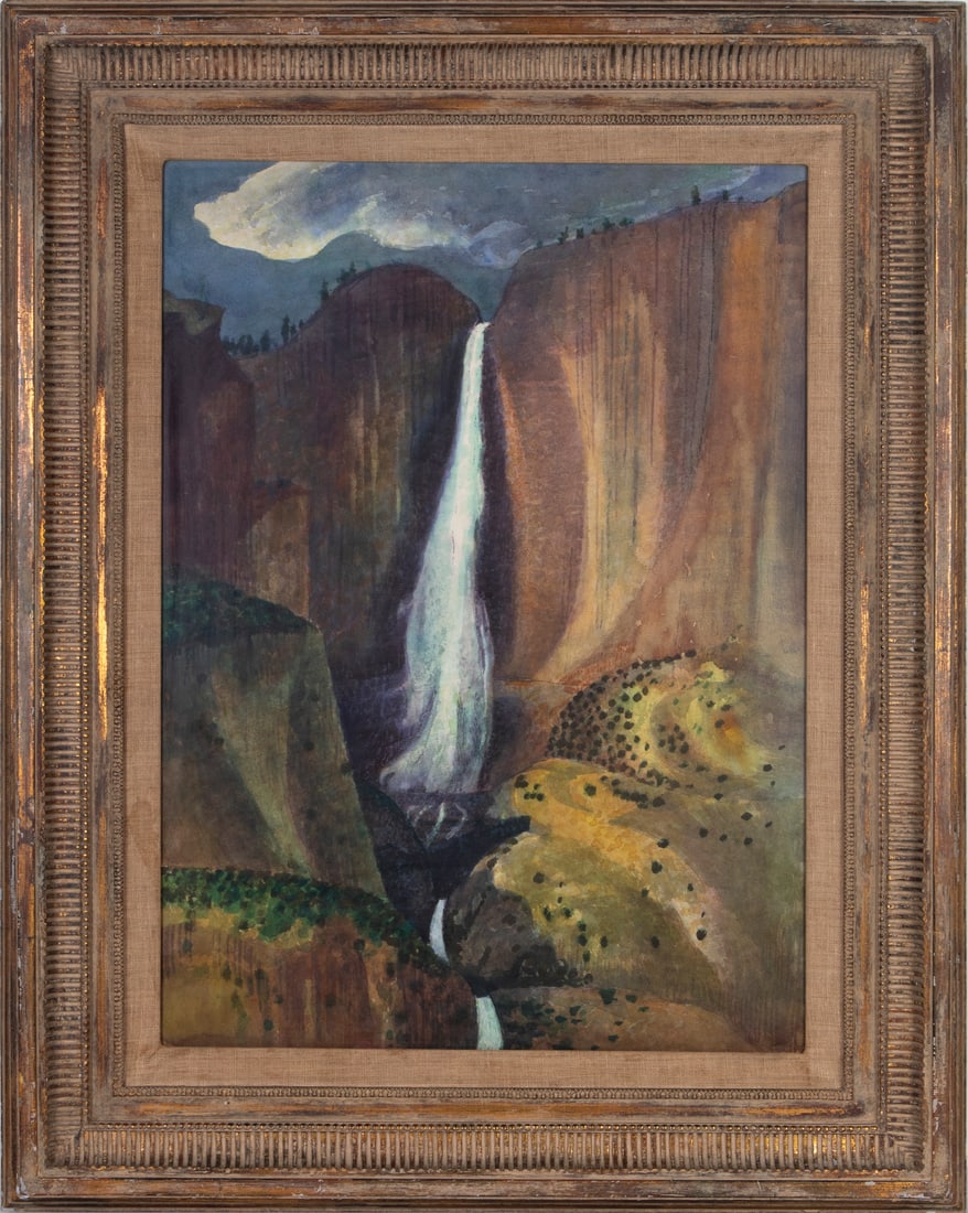 Millard Sheets (1907-1989) California: WATERFALL, watercolor on Saunders stiff watercolor paper, faintly signed and dated 1958? lower right, 29 ¾ x 21 ¾”, frame 40 x 31 ¾ x 2 ½” with plexiglass.