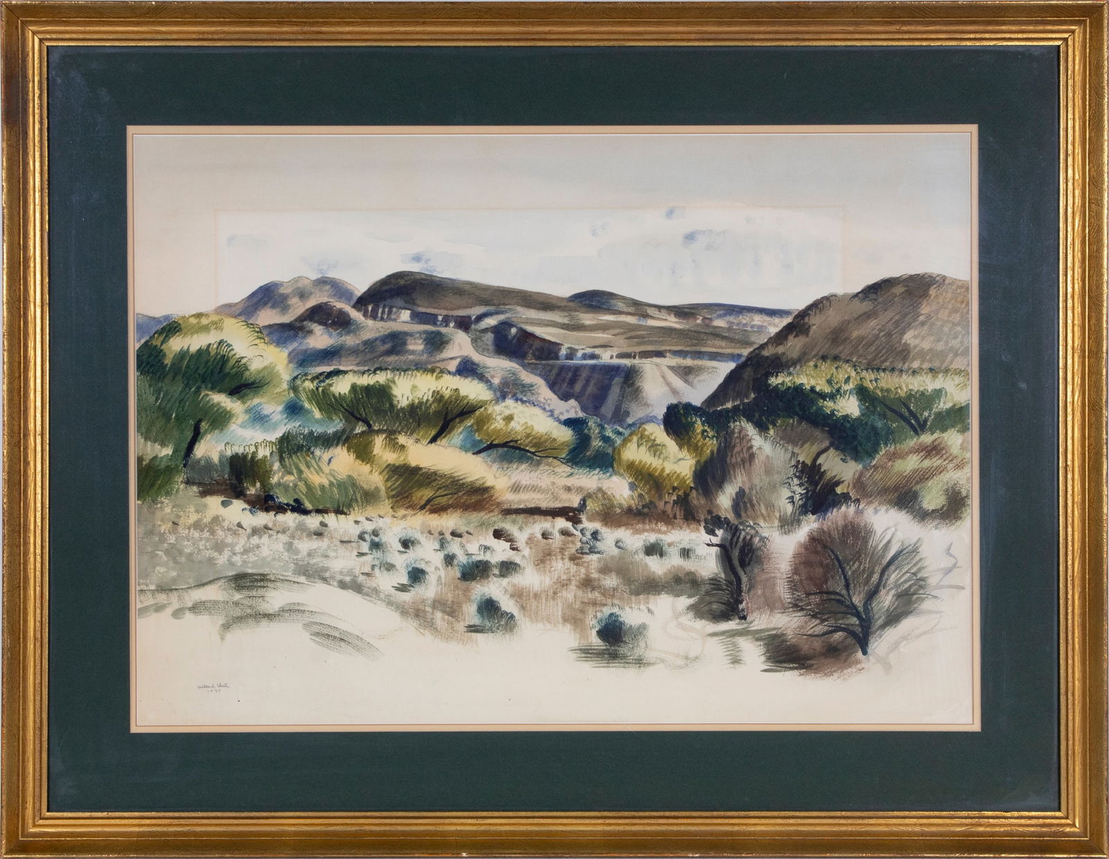 Millard Sheets (1907-1989) California: ABERHILL MINE, 1937, watercolor on paper, signed and dated lower left, 22 x 30 ¼”, frame 30 ¼ x 38 ¾” with plexiglass.