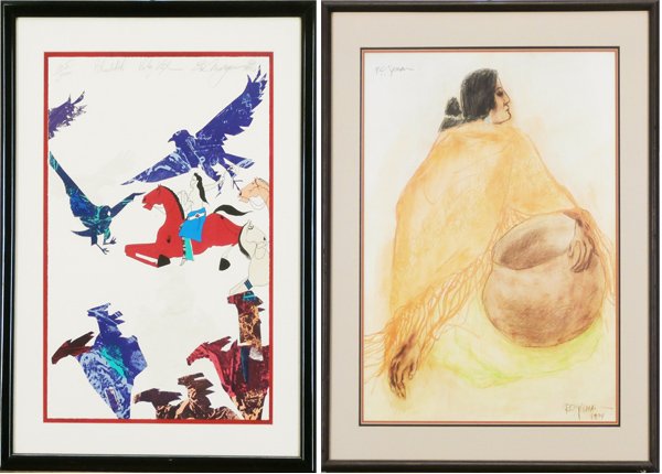 Collaborative Print: Randy White, Veloy Vigil, Ed M: UNTITLED, 1986, embossed color lithograph, signed in pencil by all three artists, from the numbered edition 300, sheet 21 ¾ x 14 ¾”, in apparently good condition; Together with R. C. Gorman, UNTIT
