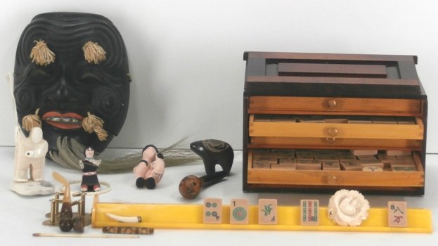 Decorative Items: Inuit, Mah Jong & others (eleven): Inuit carvings, FISHERMAN (missing one attached piece), 3” tall excluding spear, gallery label underneath; Together with a carved pipe, clean and packer, 3 ½” long; a bracelet, 2 ½” diameter; 