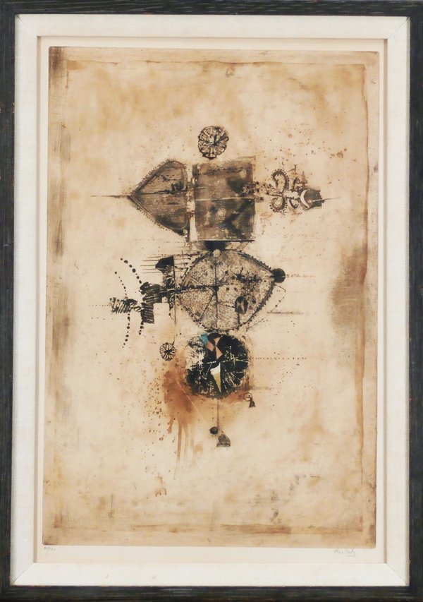 Johnny Friedlaender (1912-1992) German: UNTITLED, color etching, signed in pencil, from the numbered edition 90, image 23 x 15 ½”, full margins, framed with glass, toning, creases, otherwise in good condition.