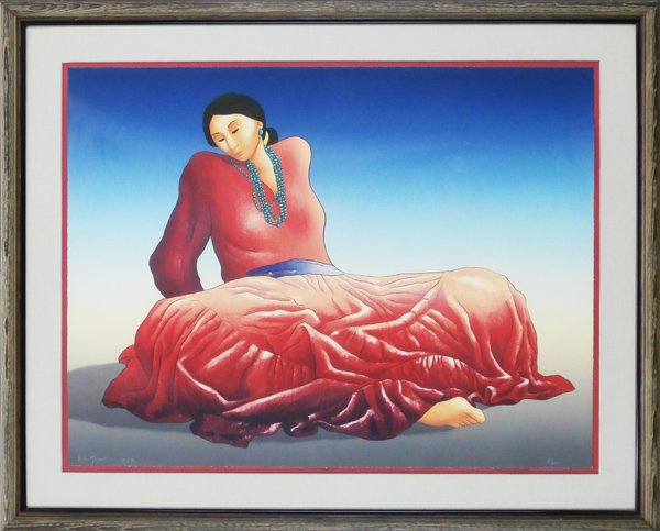 R. C. Gorman (1932-2005) Native American: REINA (A.page 208), 1984, color lithograph, signed in white pencil, from the numbered edition 200, sheet 27 ½ x 36”, with artist’s and Houston Fine Art Press blindstamp, framed with glass, in app