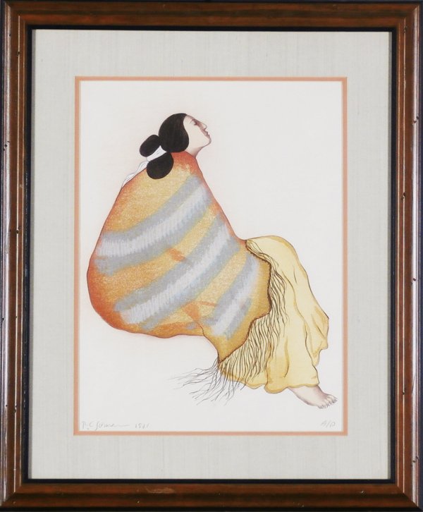 R. C. Gorman (1931-2005) Native American: NIHON (A.pg.180), 1981, color woodblock and lithograph, signed in pencil, one of 20 artist’s proofs aside from the numbered edition 210, sheet 20 x 15”, Taos Edition blindstamp, framed with glass,
