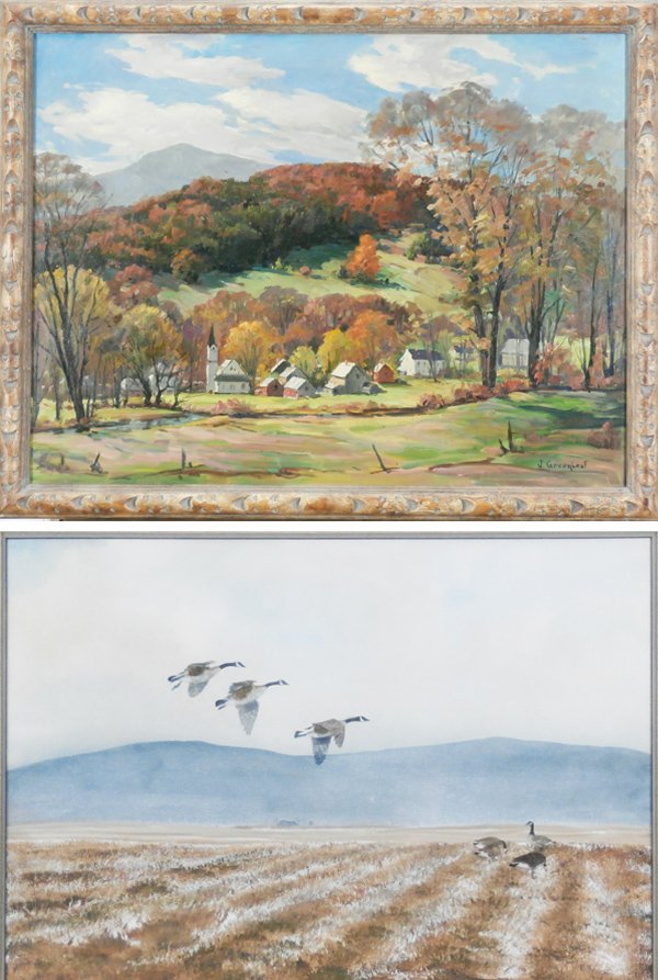 Jacob Greenleaf (1887-1968) & James Davies (20th/ : Jacob Greenleaf, LANDSCAPE, oil painting on canvas, signed lower right, 22 x 28”, label remnants on verso, minor surface soiling, otherwise in very good condition; Together with James Davies, DUCKS 