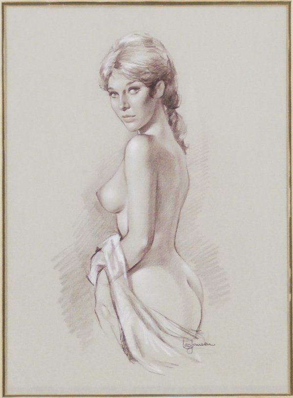 Leo Jansen (1930-1980) Dutch: NUDE WOMAN HOLDING FABRIC, color pencil on buff paper, signed lower right, 15 x 11”, framed with glass, creases lower left, otherwise in apparently very good condition.