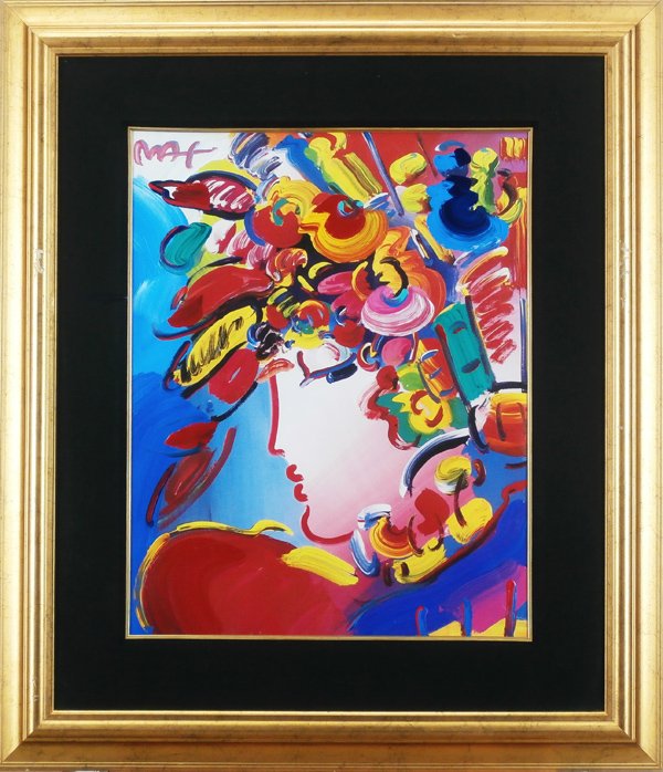 Peter Max (b. 1937) German/ American: LADY OF THE EIGHTIES, acrylic painting over color print, signed upper left, sheet 27 x 21 ½”, framed, in apparently very good condition.