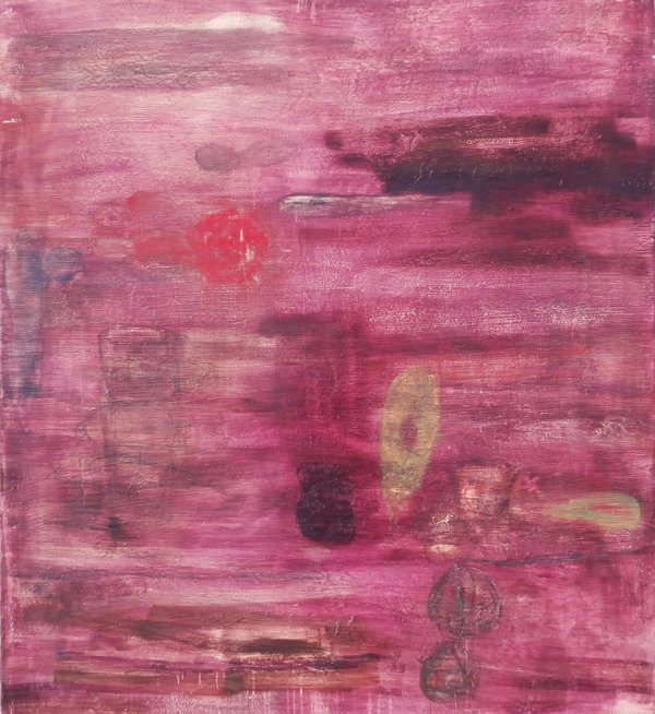 Tom Savage (b. 1953) American: UNTITLED, 1988, oil painting and mixed media on canvas, signed and dated on verso, 66 x 60”, chip upper right edge, scratch and surface scrape upper left, otherwise in good studio condition.