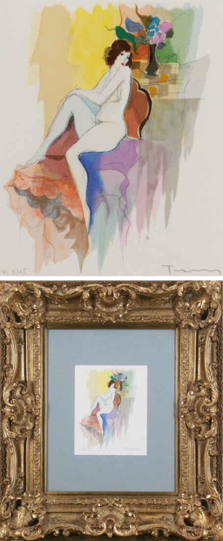 Itzchak Tarkay (b.1935) Yugoslavian/ Hungarian: A LEG UP, color screenprint, signed in pencil, from the edition printer’s proof 15 aside from a numbered edition, sight 12 ½ x 10 ¼”, full margins, massive frame with glass, in apparently very g