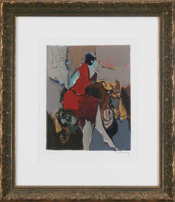 Itzchak Tarkay (b.1935) Yugoslavian/ Hungarian: WOMAN IN RED DRESS, color screenprint, signed in pencil, from the numbered edition 300, image 14 x 11”, full margins, framed with glass, in apparently very good condition.