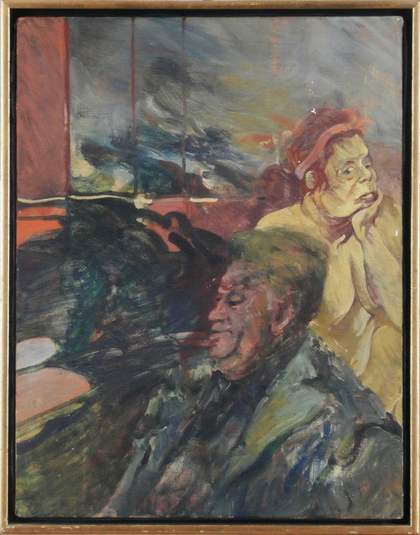 Joyce Treiman (1922-1991) Californian: RUINS & VISIONS, oil painting on canvas, signed and titled on stretcher bar, 16 ¼ x 14”, framed, surface soiling, some small chips, otherwise in very good condition.