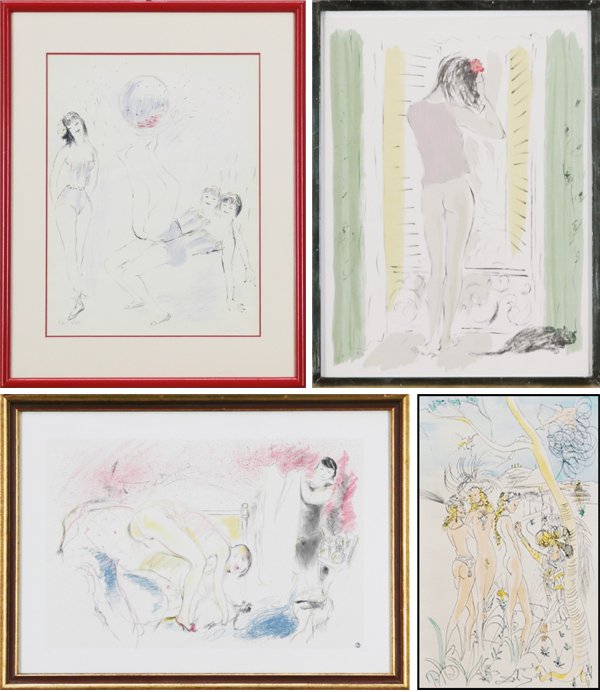 Marcel Vertes (1895-1961), after Salvador Dali, Be: Marcel Vertes, GIRLS PLAYING WITH BALL, color lithograph, signed in pencil, from the numbered edition 200, sheet 18 x 14 ½”; GIRL WITH CAT, color lithograph, sheet 12 ½ x 10 ¼”; WOMAN WITH DOG
