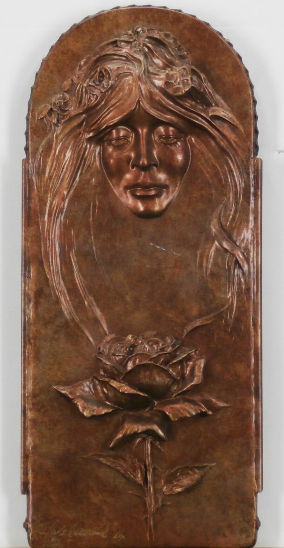 Carlo Wahlbeck (b. 1933) Californian: WOMAN AND A ROSE, plaster sculpture, 23 x 10”, signed and inscribed artist’s proof, stray white scuff upper center, otherwise in very good condition.
