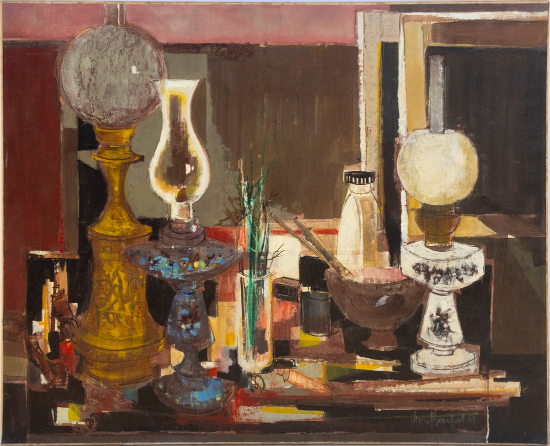Robert Vernet Bonfort (b. 1934) French: NATURE MORTE AUX LAMPES, oil painting on canvas, signed lower right, signed and inscribed on verso, 28 ½ x 35 ½”. Provenance: Cambridge Art Gallery, Brentwood, CA.