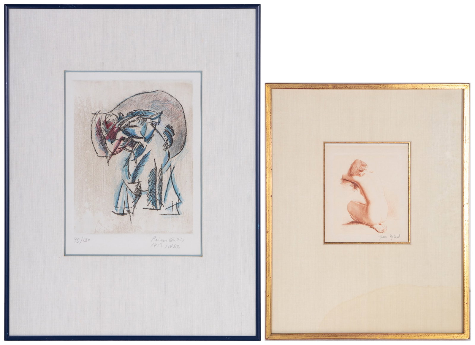 Primo Conti (1900-1988) Italian & another (two): 1917 (Man Carrying Sack), 1982, color aquatint etching, signed and numbered 39/130 in pencil, plate 9 x 7 ¼”, full margins, frame 20 ¼ x 15 ½” with glass; Together wit