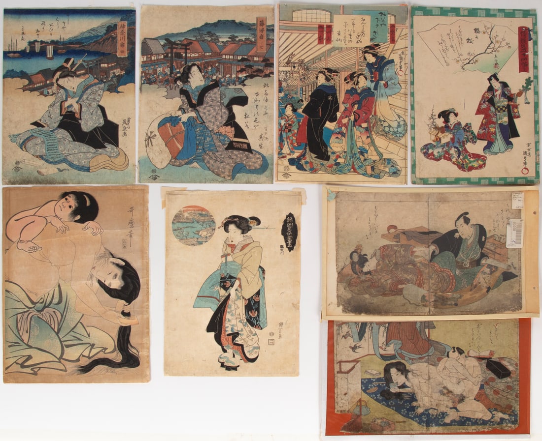 Japanese Woodblock Prints (eight): COURTESANS, eight color woodblock prints including two with erotic subjects, each with stamps and chop marks, sizes average 14 ½ x 9 ¾”. (8)