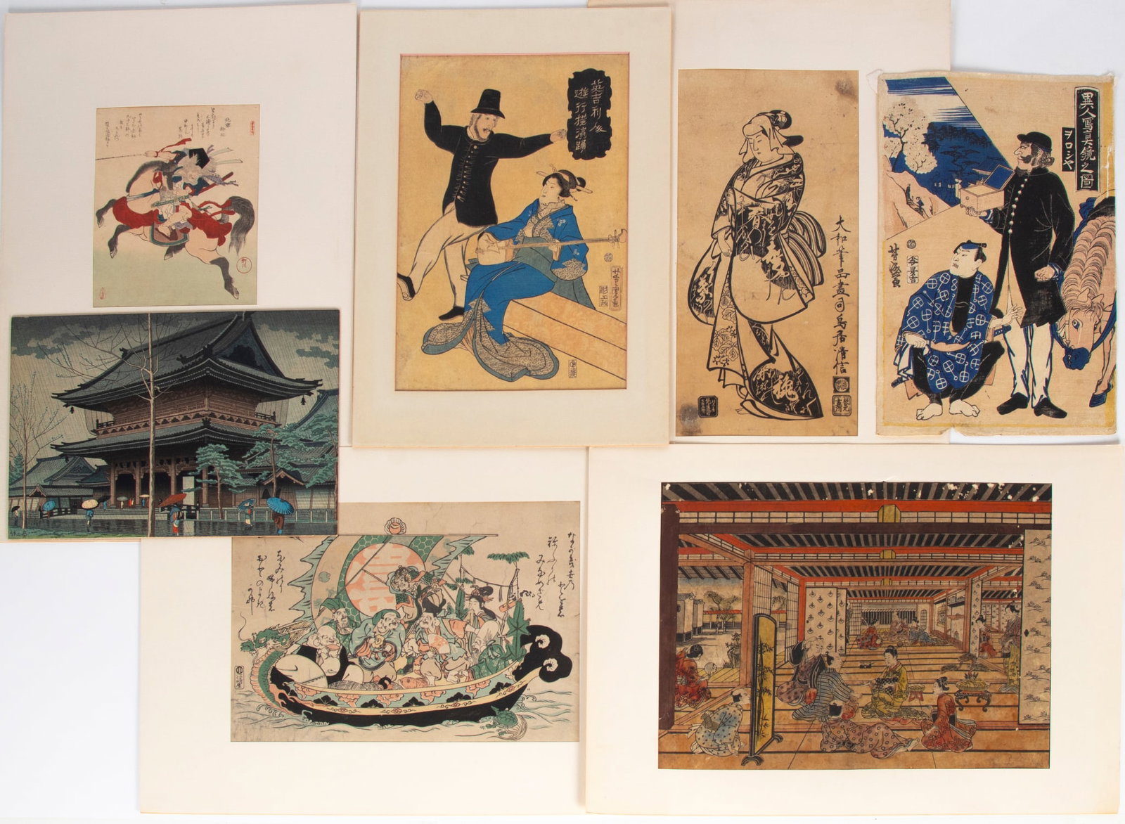 Japanese Woodblock Prints (seven): VARIOUS, seven color woodblock prints, seven with stamps and chop marks, sizes from 13 x 18 ½” to 8 ½ x 7 ¼”. (7)