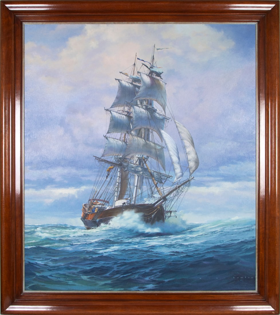 David (D. A.) Remley (20 th Century) American: AMERICAN HERITAGE (Unicorn), oil painting on Masonite, signed lower right, 48 x 42”, frame 56 ¾ x 50 ½”. Provenance: Gallery Americana Corp., Carmel, CA. $16,000.