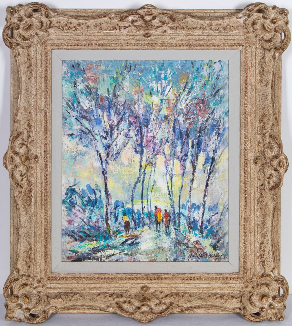 Clifford Silsby (1896-1986) Connecticut California: LANDSCAPE WITH FIGURES, oil painting on canvas over Masonite, signed lower right, 18 ½ x 15 ¼”, frame 28 x 25 ¼ x 3 ¼”.