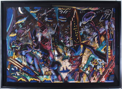 Carlos Almaraz (1941-1989) Latino Californian: LAUGHING AND CRYING, 1987, color screenprint, signed and numbered 74/90 in white pencil, sheet 33 x 48”, frame 38 ½ x 53 ½” with plexiglass.