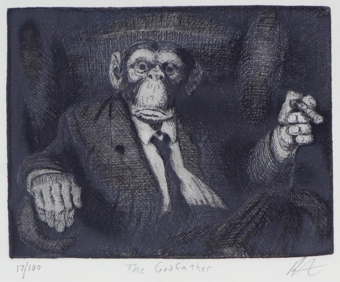 Artist Unidentified (20 th Century): THE GODFATHER (Chimp), etching, initialed and titled and numbered 17/100 in pencil, plate 5 ¼ x 7”, full margins, frame 12 ½ x 15 ½” with glass. From the Collection of