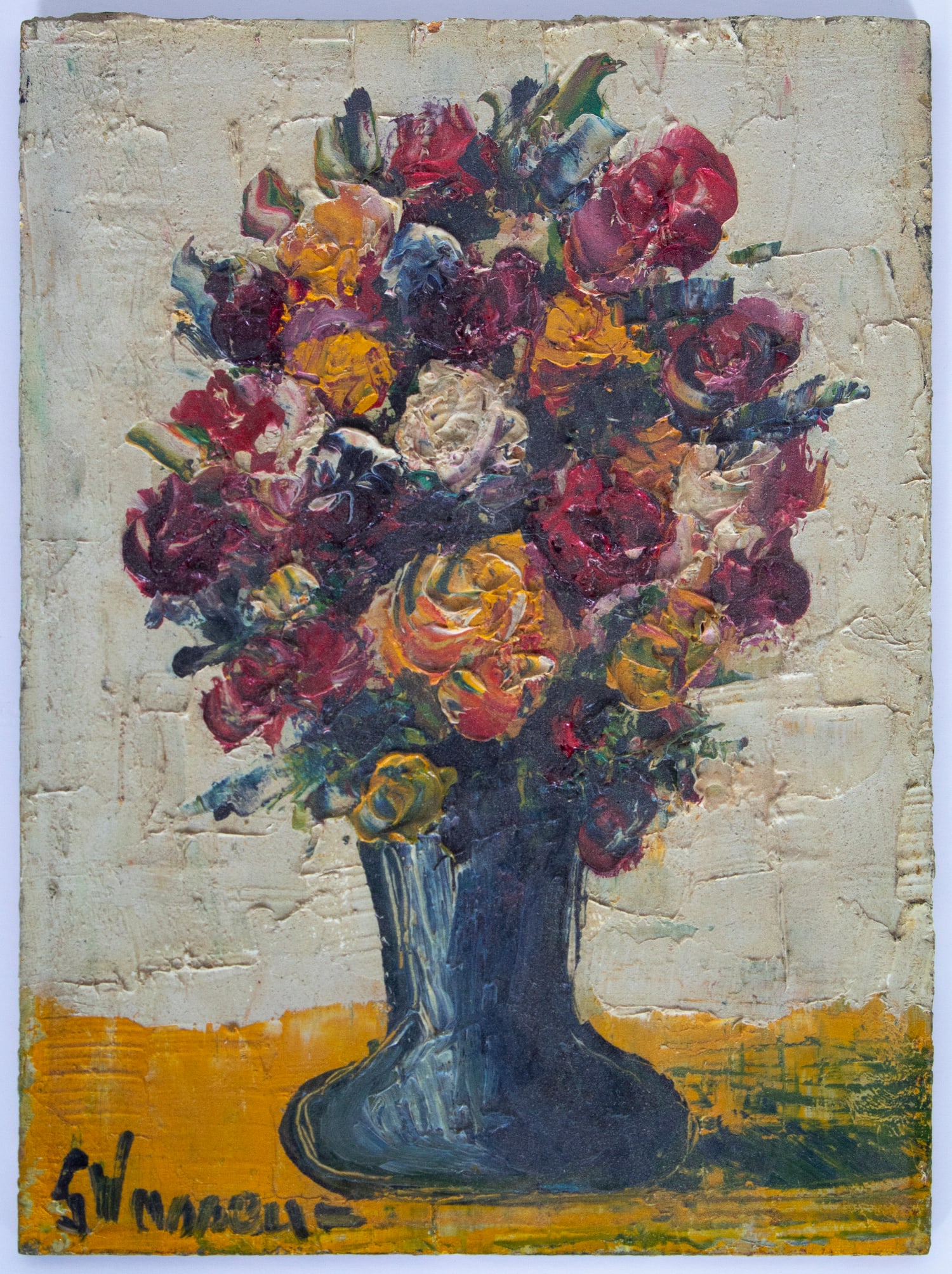 Artist Unidentified (19 th / 20 th Century): STILL LIFE WITH FLOWERS, oil painting on board, signed lower left, 7 x 5 ¼”, frame 15 ½ x 13 ¼ x 2”, Hurst Gallery label on verso. From the Collection of Urban S. Hirs
