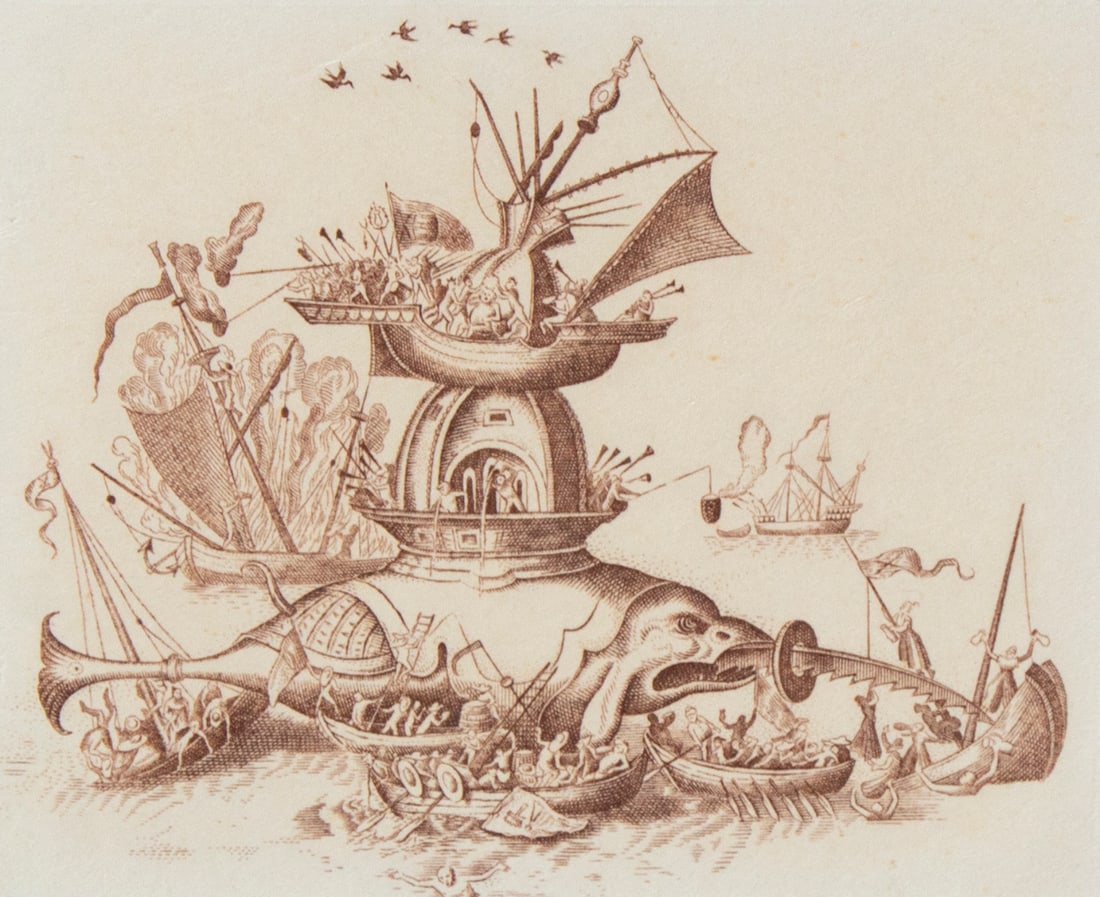 after or in the style of Hieronymus Bosch (c.1450-1516) Netherlands: FISH BOAT, engraving, plate 2 ¼ x 2 ¾”, thin margins, frame 8 x 9” with plexiglass. From the Collection of Urban S. Hirsch III.
