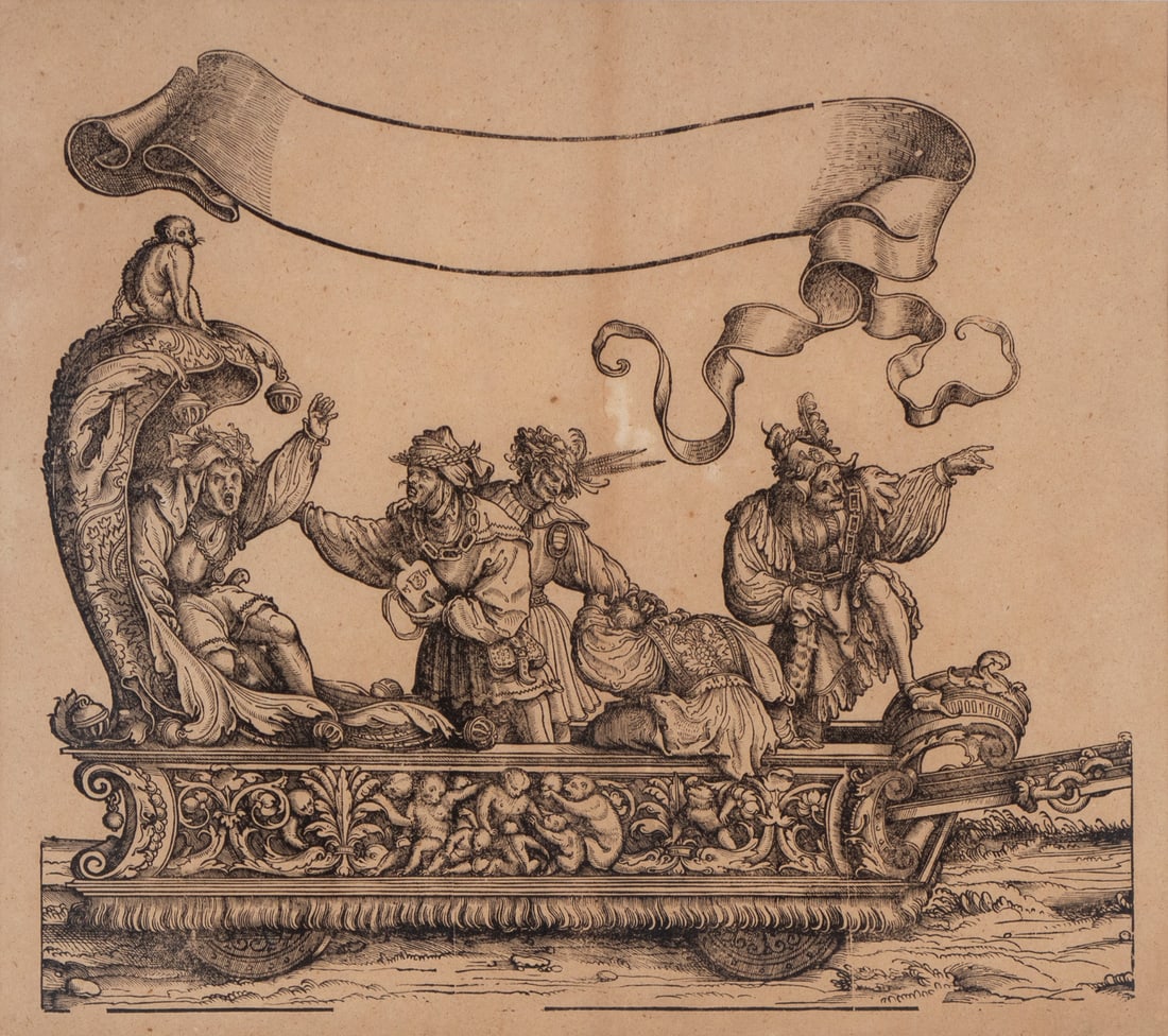 Hans I Burgkmair (1473-1531) German: CHARIOT OF THE COURT JESTERS from The Triumph of Emperor Maximilian I, 1517, woodcut, sight 14 x 16”, frame 22 ½ x 24 ½” with glass. From the Collection of Urban S. Hirsch II