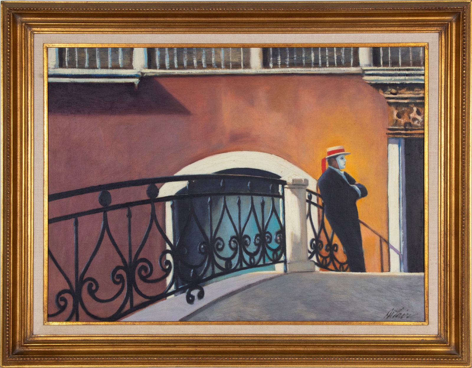 Steven Delair (b. 1944) American: THE MASK, acrylic painting on canvas, signed lower right, 22 x 30”, frame 29 x 37”. Provenance: The Esther Wells Collection Laguna Beach CA. Paid $875 in 1988 with receipt.
