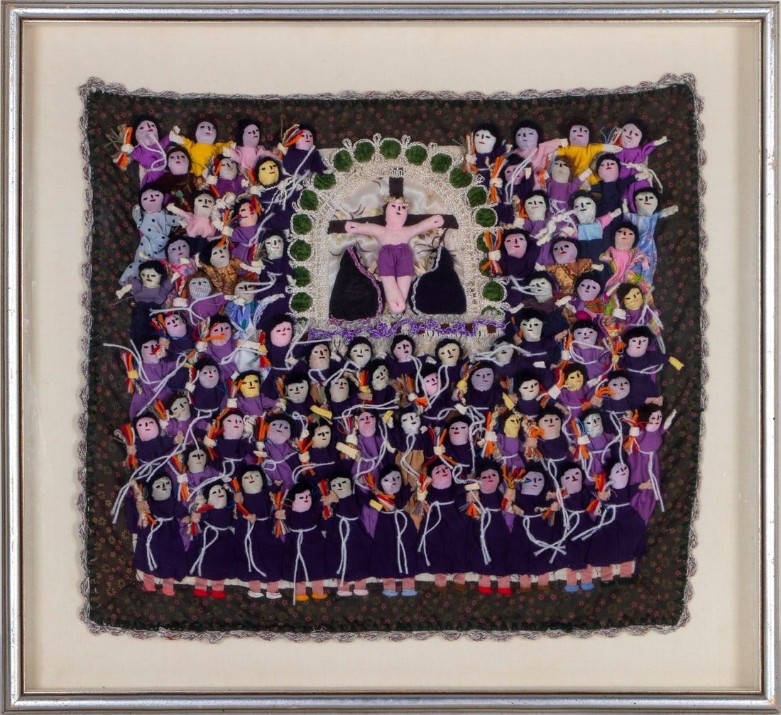 Folk Art: CALGARY, fabric and yarn composition, 17 x 19”, frame 22 x 24 ¼ x 2” with glass. From the Collection of Urban S. Hirsch III.