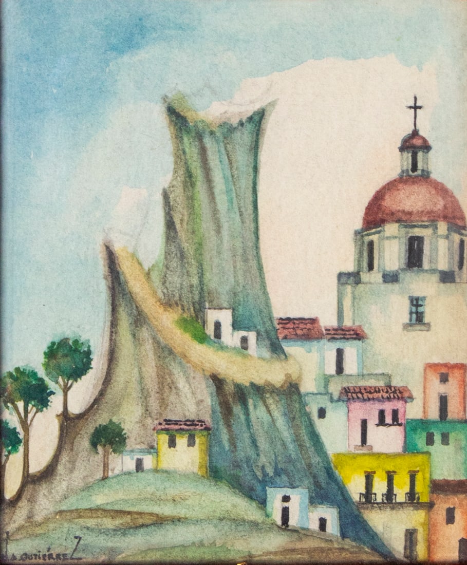 D. A. Gutierrez (20 th Century): TOWNSCAPE, watercolor and ink on paper, signed lower left, sight 4 ¼ x 3 ½”, frame 8 x 7 ¼” with glass. From the Collection of Urban S. Hirsch III.