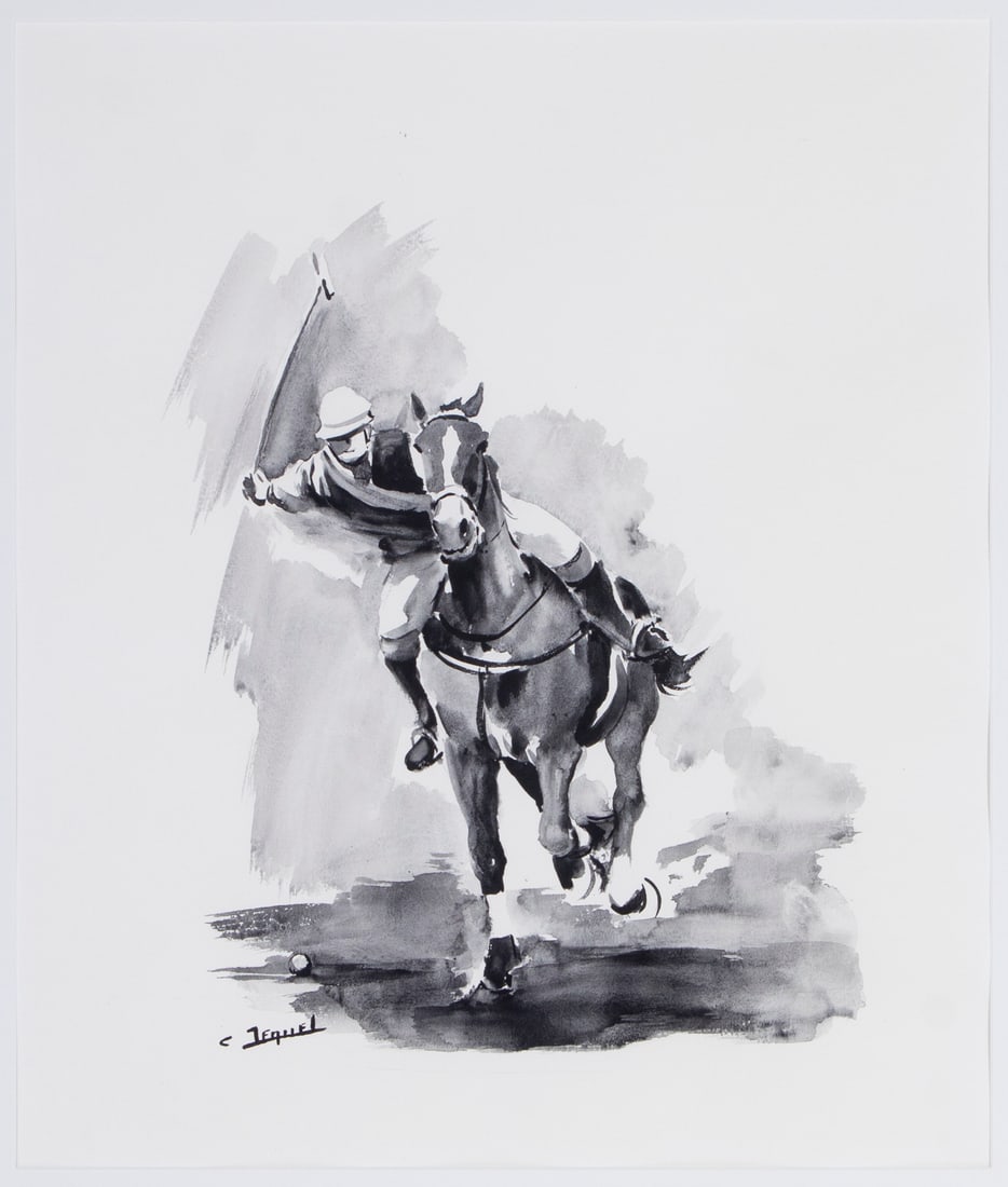 Christian Jequel (b. 1935) French: POLO PLAYER, ink wash on paper, signed lower left, sight 20 x 17”, frame 30 x 27” with plexiglass. Provenance: Lutece Gallery Carmel CA. paid $1250. in 1994 with receipt.