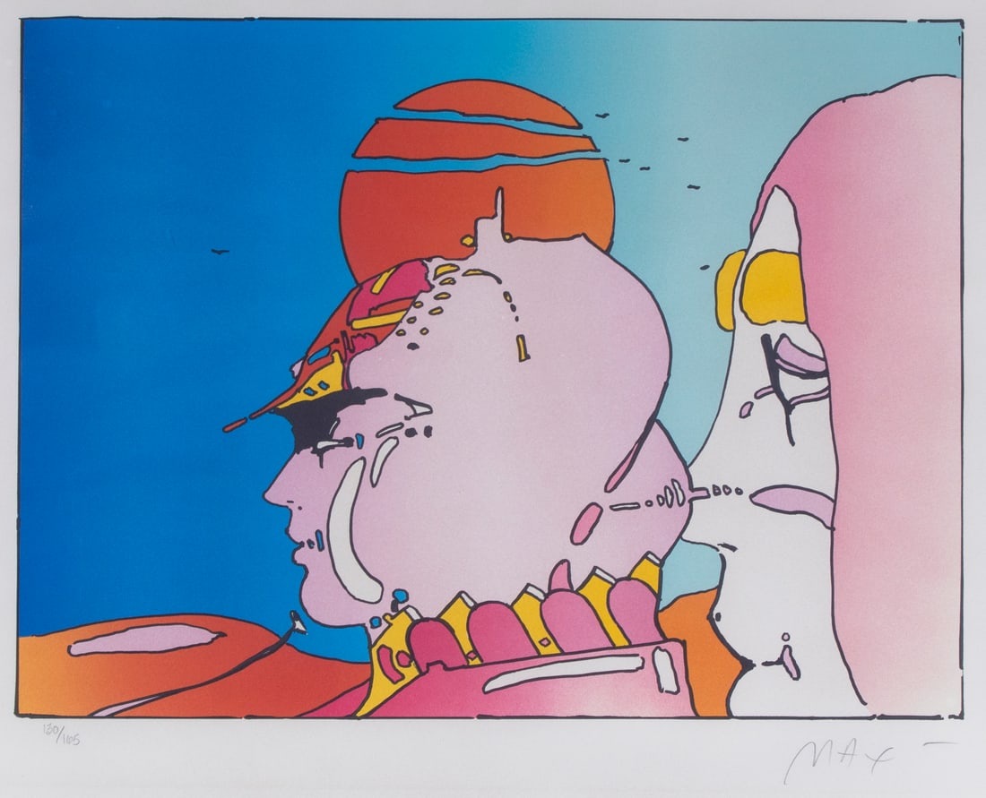 Peter Max (b. 1937) German American: TALKING TO KAREN, 1980, color screenprint, signed and numbered 130/165 in pencil, with the artist’s blind stamp lower right, image 16 ¾ x 22 ¾”, sheet 21 ¼ x 27 ½&r