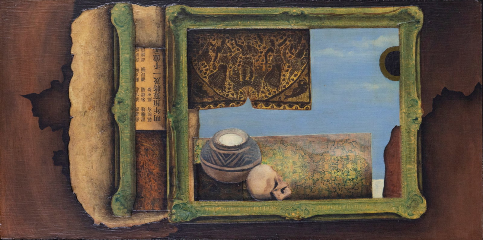 Siemer (20 th Century): PICTURE FRAME WITH SKULL, 1965, mixed media with collage on board, signed and dated lower left, 9 ½ x 19 ¼”, frame 16 x 26”. From the Collection of Urban S. Hirsch III.