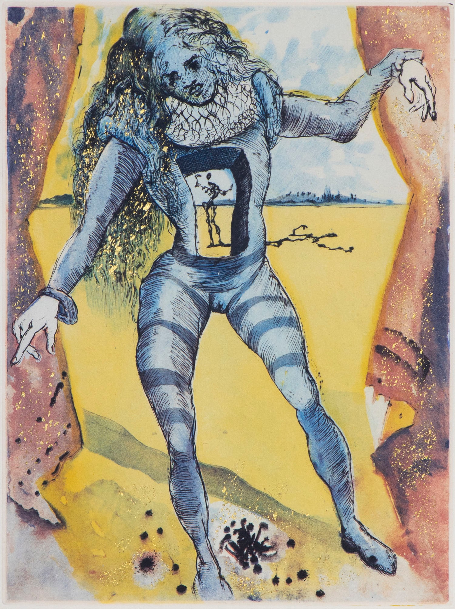Salvador Dali (1904-1989) Spanish: TO BE OR NOT TO BE from Hamlet (Field 73-2D, page 83), 1973, color aquatint with drypoint etching, with hand coloring and gold highlight on Arches paper, signed and numbered 48/145 in pencil, publishe