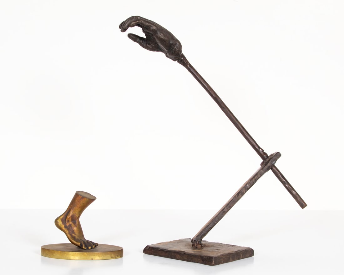 Bronze Hand & Gold Foot (two): LA MANO, 2014, bronze and steel sculpture, titled and dated and signed Ricardo Sprezanight? on base, 13 ¼” tall (adjustable); GOLDEN FOOT, cast bronze sculpture, 3 ¾ x 4 ½ x
