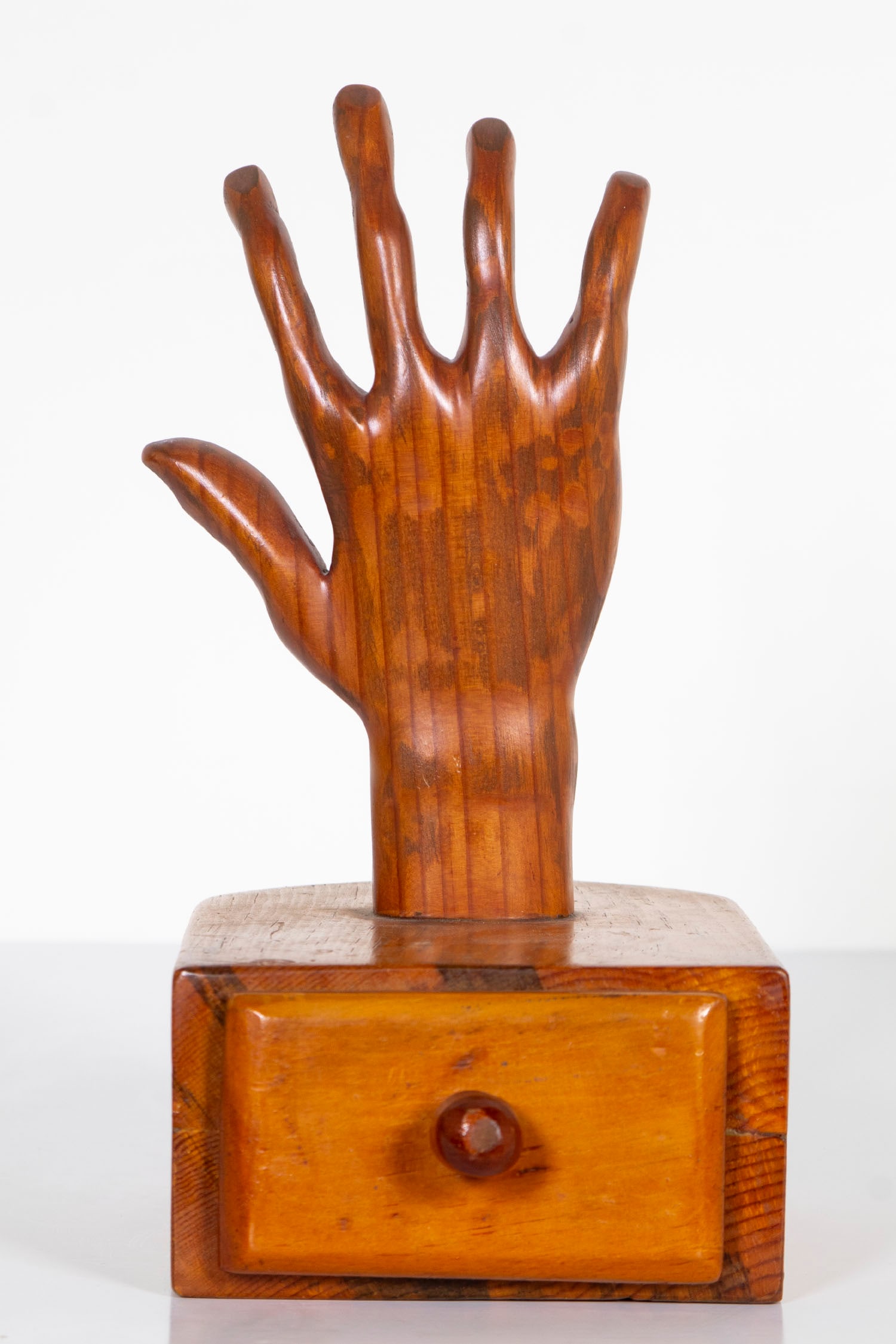 Wood Hand Box: Carved wood box with drawer, 11 ½ x 9 x 5 ½”. From the Collection of Urban S. Hirsch III.
