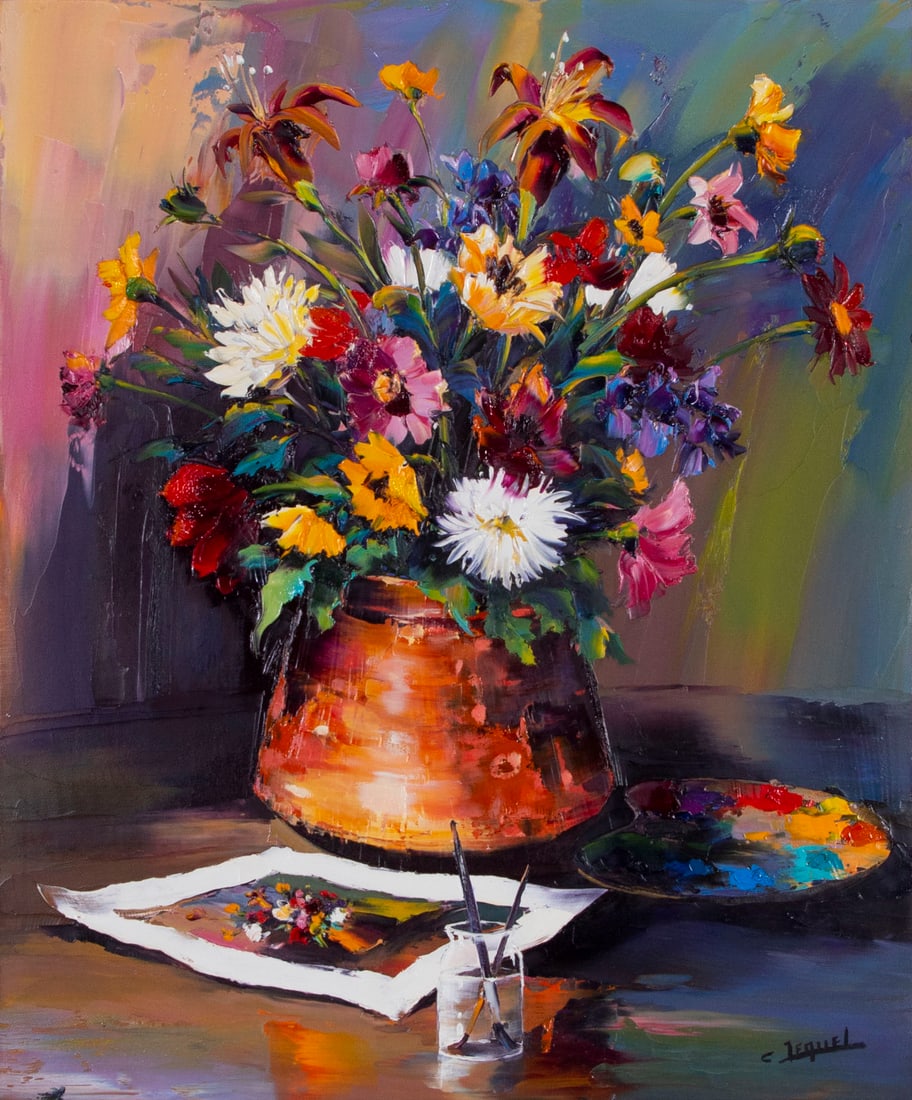 Christian Jequel (b. 1935) French: FLOWERS IN COPPER POT, oil painting on canvas, signed lower right, 25 ½ x 21”, frame 37 x 32 ½”. Provenance: Lutece Gallery San Francisco paid $7500. in 1996 with receipt.