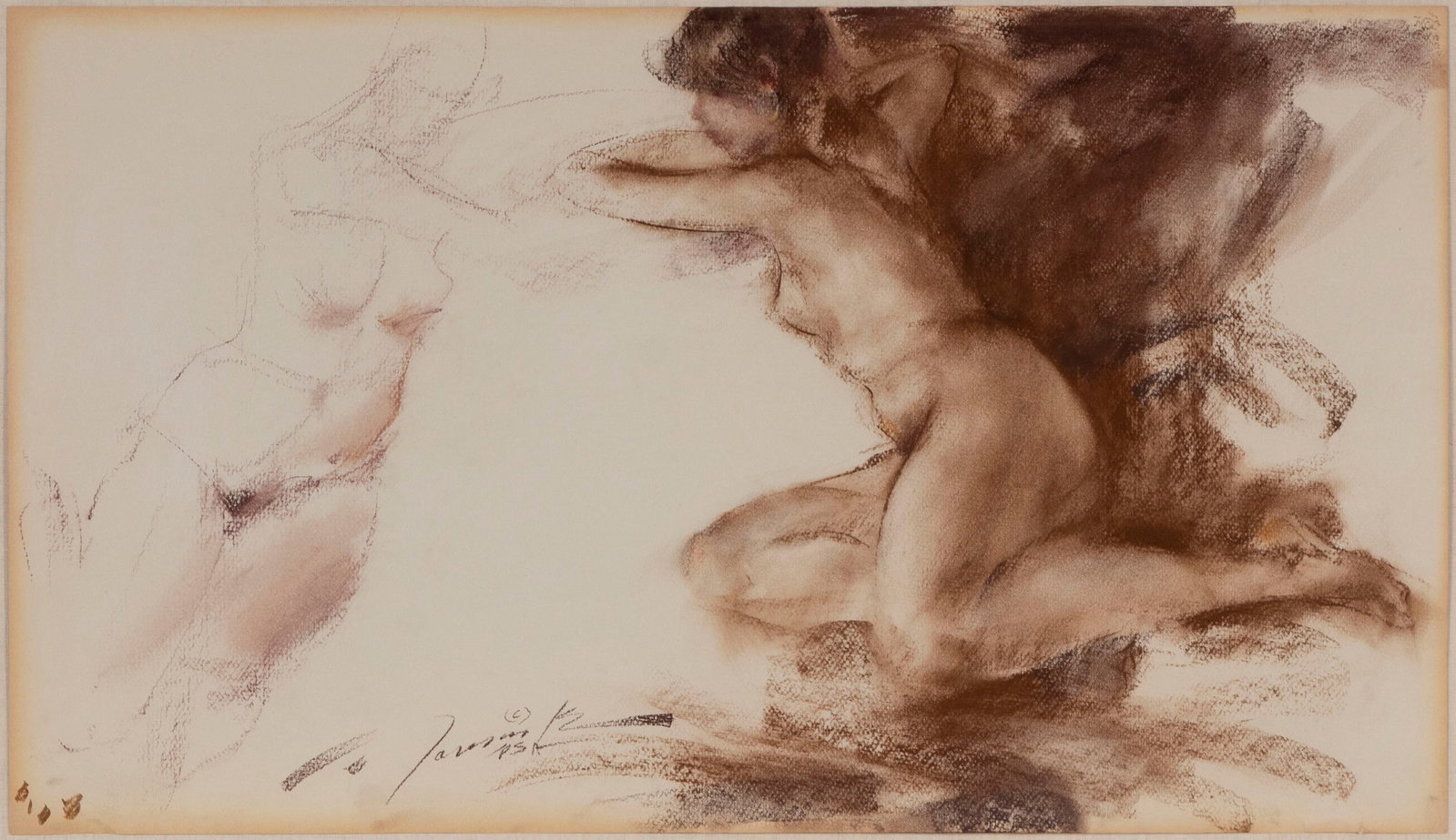 Ramon Kelley (b. 1939) Colorado Wyoming: NUDE STUDY, conte crayon drawing on paper, signed lower left, 15 x 26”, frame 23 ½ x 34 ½” with glass. Provenance: Howard Portnoy Galleries Carmel paid $3900. in 2000, with r