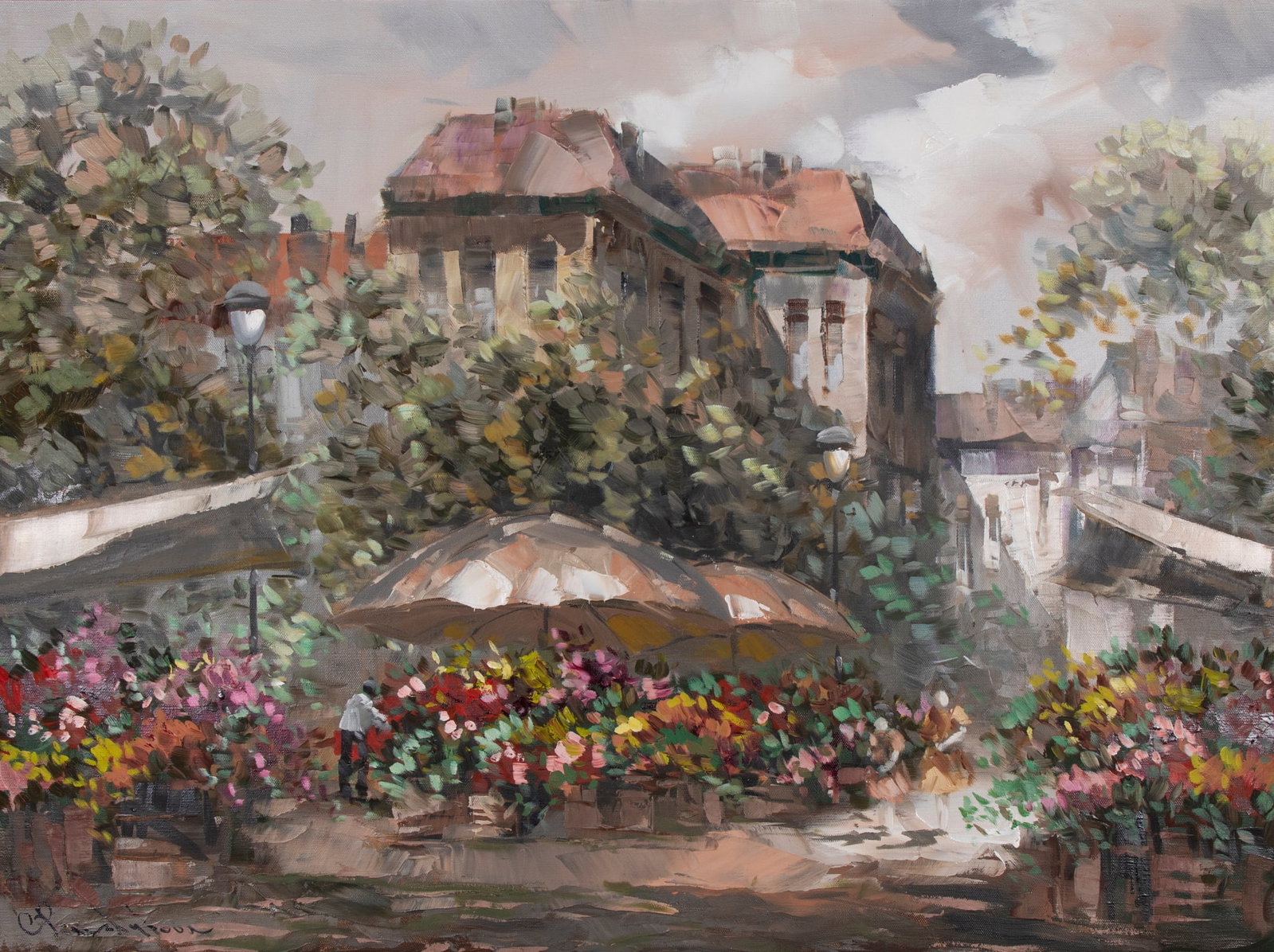 Pierre LaTour (1935-2006) French: FLOWER MARKET, oil painting on canvas, signed lower left, 30 x 40”, frame 36 x 46”. Purchased from Charles Hecht Gallery Encino.