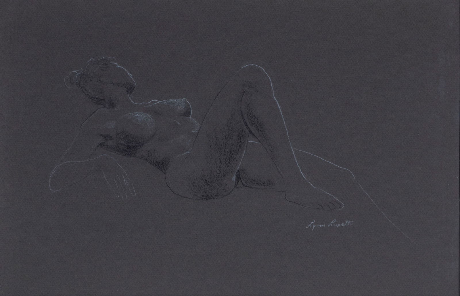Lynn Lupetti (b. 1938) American: RECLINING FEMALE NUDE ON BACKSIDE, charcoal drawing on gray paper, signed lower right, sight 9 ½ x 14”, frame 19 ½ x 23 ½” with glass. Provenance: The Artist’s Galle