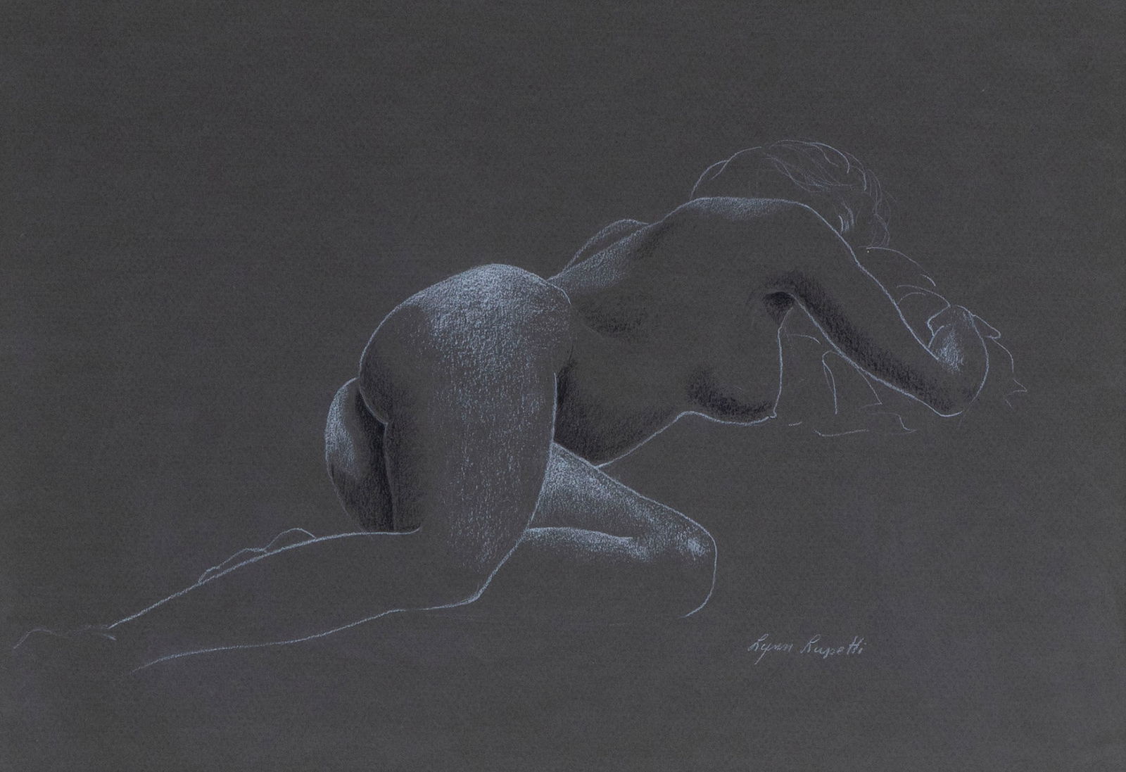 Lynn Lupetti (b. 1938) American: RECLINING FEMALE NUDE ON FRONTSIDE, charcoal drawing on gray paper, signed lower right, sight 10 x 15 ½”, frame 17 x 23” with glass. Provenance: The Artist’s Gallery Carmel paid $